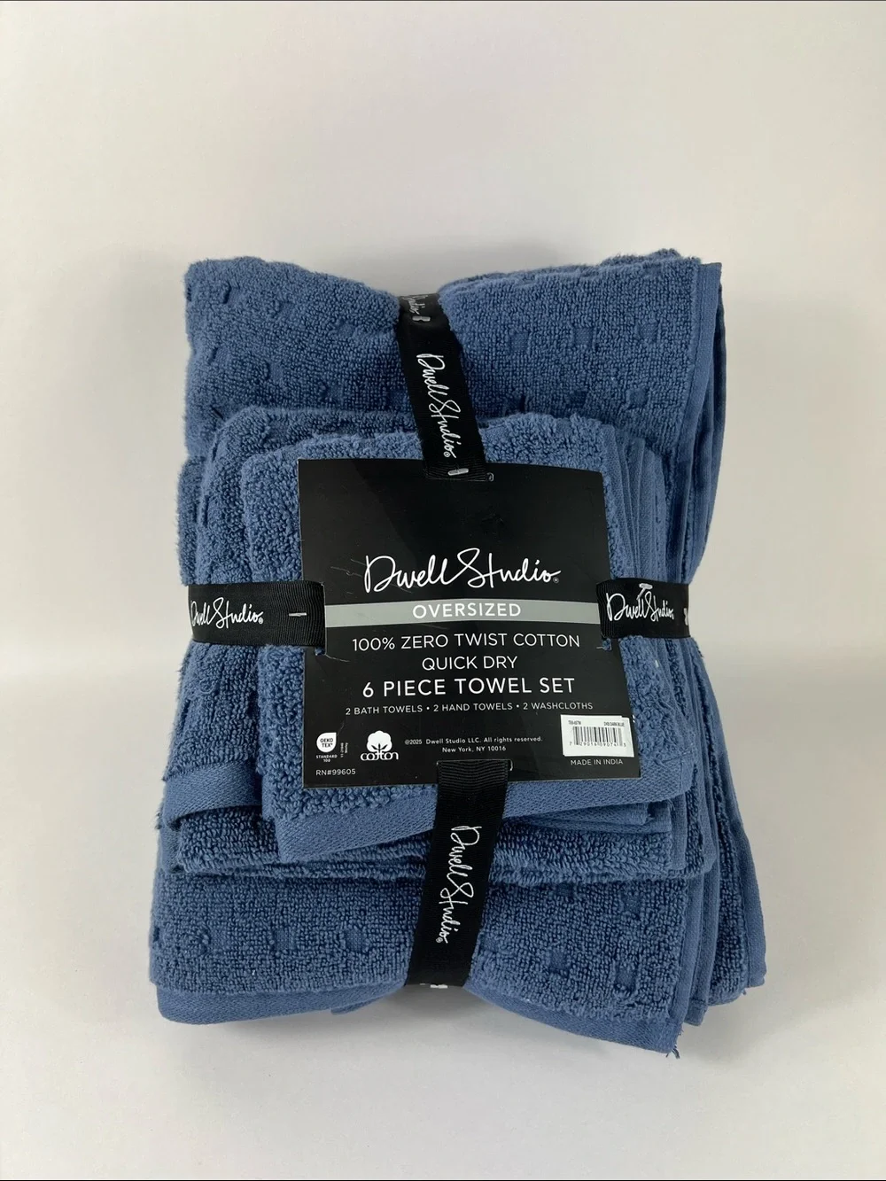 Dwell Studio Bath Towel Set Blue Zero Twist Soft 100% Cotton 6 Piece Set NEW